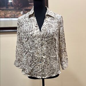 Cream and Brown Relaxed Button Down Shirt with Notched Collar